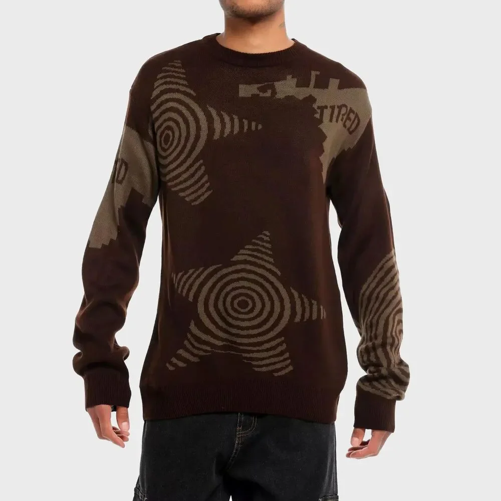 Hot Topic Grunge Swirl Star Intarsia Sweater Men Small Brown Retro Long Sleeve